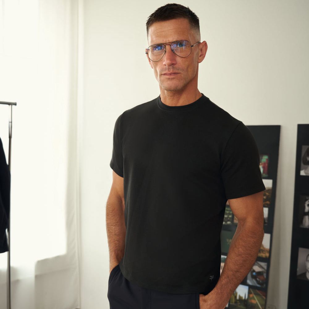 Model wearing the Cumulus Crew in the LA studio